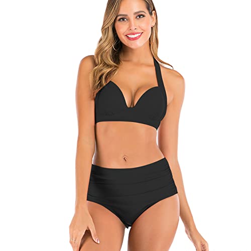 KOEMCY Damen Bikini Set Sexy High Waist Schwimmanzug Strandmode Zweiteiliger Badeanzug Triangel Bikini Swimsuit Beachwear (Schwarz,XXL) von KOEMCY