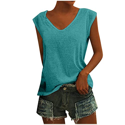 KOG Bluse Damen Elegant Ärmellose T-Shirt Shirt Casual Weiß Oberteile mit Flügelärmeln Frauen Schwarz Kleidung Frau Grau Sommer Shirts Top Damen V-Ausschnitte Tshirt Klamotten Blue XL von KOG