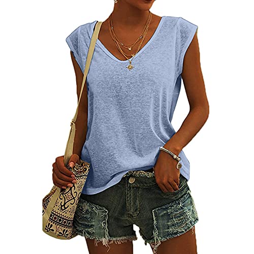 KOG Bluse Damen Elegant Ärmellose T-Shirt Shirt Casual Weiß Oberteile mit Flügelärmeln Frauen Schwarz Kleidung Frau Grau Sommer Shirts Top Damen V-Ausschnitte Tshirt Klamotten Blau S von KOG