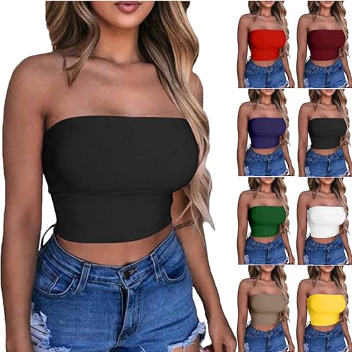 KOG Amazon Basics Bandeau Top Damen Crop Tops Sexy Tube Top Frauen Sommer Y2k Aesthetic Clothes Off Shoulder Bauchfreie Trägerloser Slim Fit Oberteile Meine Bestellungen Anzeigen Schwarz S von KOG