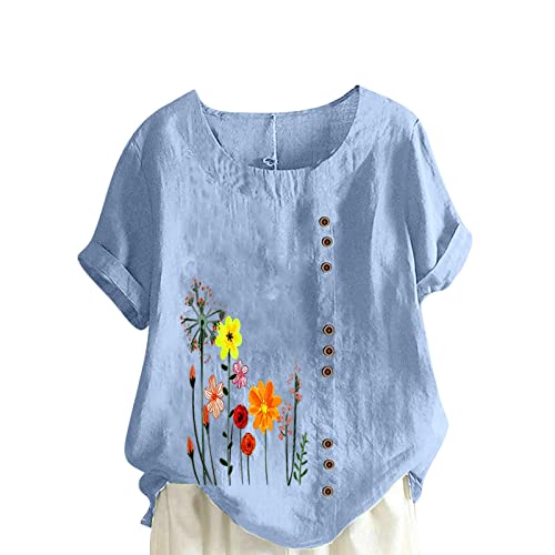 KOG Amazon Basics - Damen Tshirt Lässig Baumwolle Leinen Tshirts Vintage Kurzarm Shirt Frau Oberteile Oversize Grafik Drucken T-Shirts V-Ausschnitt Freizeit Oberteil Angebote Hellblau XL von KOG