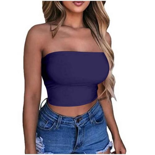 KOG Amazon Essentials Damen Bandeau Top Damen Crop Tops Sexy Tube Top Frauen Sommer Y2k Aesthetic Clothes Off Shoulder Bauchfreie Trägerloser Slim Fit Oberteile Outlet Angebote Lila S von KOG