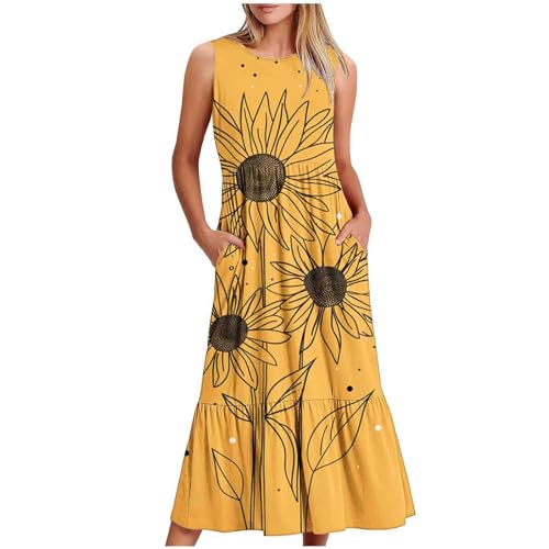 KOG Amazon Essentials Damen Sommerkleider Damen Sommerkleid Mode Einfarbig Frauen Sommer Oberteil Kleider Lange Blusenkleid Boho-Kleid Baumwolle Hochzeitsgast Kleid Prime Gelb XXL von KOG