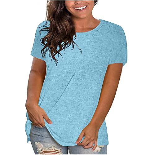 KOG Amazon Essentials Damen T-Shirt Sommer Einfarbige Longshirt Casual Baumwolle T-Shirts Bekleidung Basic Einfarbig Bluse Frauen Rundhals Oversized Longbluse Damen Tshirt Sale Hellblau XXL von KOG