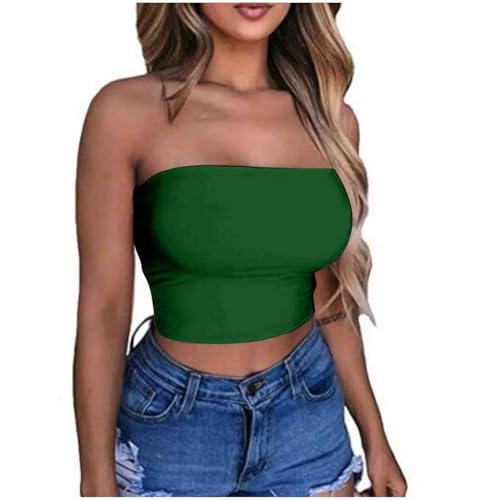 KOG Amazon Gutschein Bandeau Top Damen Crop Tops Sexy Tube Top Frauen Sommer Schulterfreies Oberteil Push up Bustier Bauchfreie Trägerloses Top ärmellos Korsett Angebote Grün M von KOG