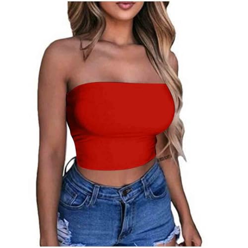 KOG Angebote des Tages Heute Bandeau Top Damen Crop Tops Sexy Tube Top Frauen Sommer Y2k Aesthetic Clothes Push up Bustier Bauchfreie Trägerloses Top ärmellos Korsett Gutschein Rot M von KOG