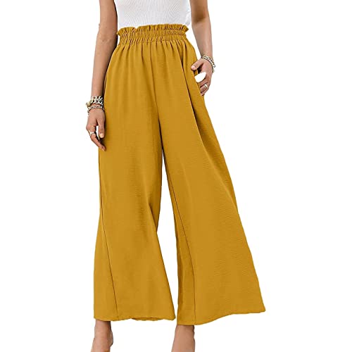 KOG Blitzangebote des Tages Damen Hosen Leinenhose Baggy Sommerhose Leinen Casual Cargo Hose Frau Jogginghose Einfarbig Retro Weisses Freizeithose Wide Leg Trekkinghose Gutschein Gelb M von KOG