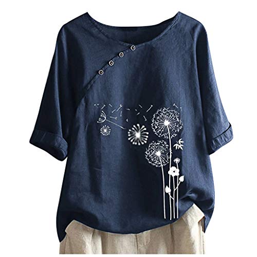 KOG Blitzangebote des Tages Damen Tshirts Basic Leinenbluse Blusenshirt Casual Baumwolle Blusen Shirts Vintage Mode Motiv Longbluse Frau Rundhals Oversize Tuniken Sale Damen Marine 5XL von KOG