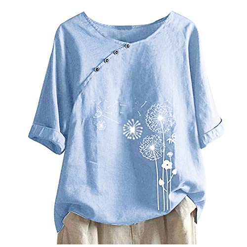 KOG Damen Sale Angebote Damen T-Shirt Lässig Leinenshirt Blusen Elegante Baumwolle Shirt Frauen Hemd Freizeit Tie-Dye Muster Bluse Frau Rundhals Sommer Blusenshirt Damen Oberteile Sale Hellblau 4XL von KOG