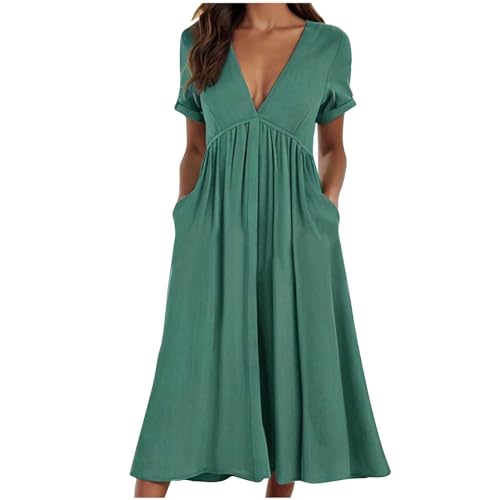 KOG Gutschein Amazon Damen Sommerkleid Sommerkleider Mode T-Shirt Kleid Einfarbige Frauen Leichte Kleidung Kleider Lang Blusenkleid Shirtkleid Baumwolle Kleider Hochzeitsgast Angebote Grün 3XL von KOG