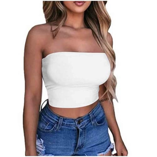 KOG Gutschein Bandeau Top Damen Crop Tops Sexy Tube Top Frauen Sommer Y2k Aesthetic Clothes Off Shoulder Bauchfreies Trägerloser ärmellos Korsett Angebote des Tages Heute Weiß XL von KOG