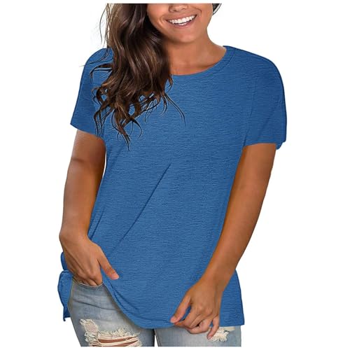 KOG Gutschein Damen T-Shirts Elegante Einfarbige Blusenshirt Freizeit Kurzarm Tshirt Bekleidung Einfarbige Tunika Frau Baumwolle Fashion Tuniken Warehouse Deals Angebote Blau 3XL von KOG