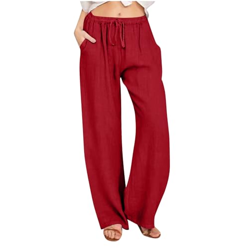 KOG Outlet Amazon Damen Hose Leinenhose Mode Sommerhose Baumwolle Leicht Cargohose Frauen Jogging Hose Einfarbig Bequeme Sport Hose Weisse Arbeitshose Weite Schlaghosen Gutscheine Rot M von KOG