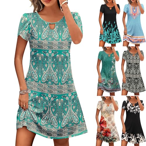 KOG Outlet Amazon Sommerkleid Damen Sommerkleider Basic Kleider Grafik Frau Tunika Oberteile Tunika Kleid Kurz Frau Hemdkleid Kleid Baumwolle Kleider für Gäste Zur Hochzeit Angebote Blau S von KOG