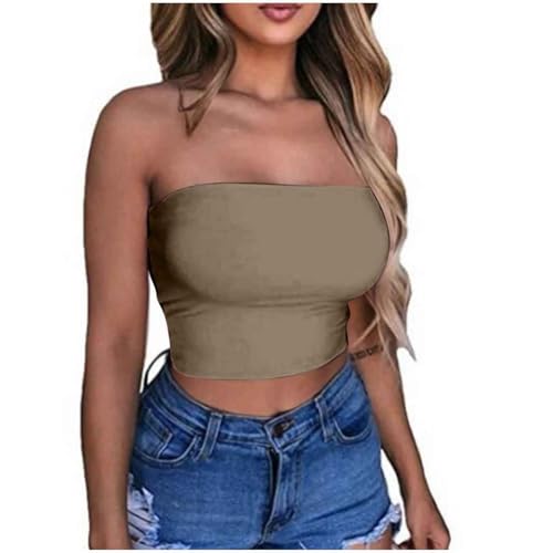 KOG Outlet Angebote Bandeau Top Damen Crop Tops Sexy Tube Top Frauen Sommer Schulterfreies Oberteil Off Shoulder Bauchfreies Trägerloses Top ärmellos Korsett Amazon Essentials Damen Kaffee L von KOG