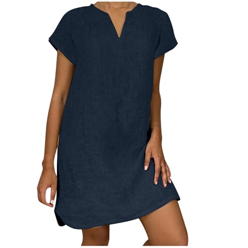 KOG Prime Sommerkleid Damen Sommerkleider Basic Kleider Leinenkleid Casual Oberteile Shirtkleid Weiße Blusenkleider Boho-Kleid Baumwolle Hochzeitsgast Kleid Outlet Angebote Dunkelblau XL von KOG