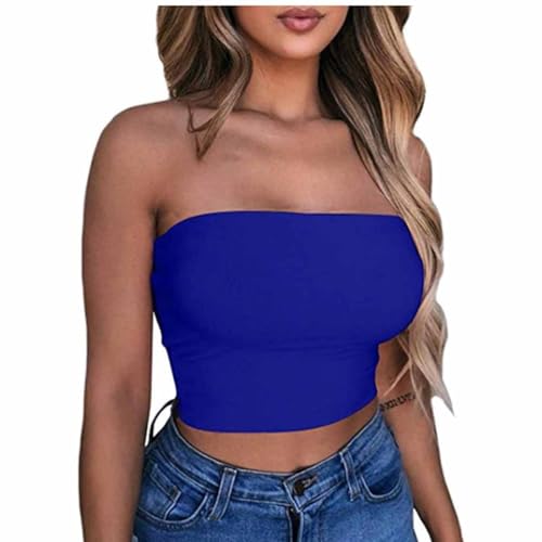 KOG Warehouse Deals Angebote Bandeau Top Damen Crop Tops Sexy Tube Top Frauen Sommer Schulterfreies Oberteil Off Shoulder Bauchfreie Trägerloses Top Slim Fit Oberteile Damen Tshirt Sale Blau M von KOG