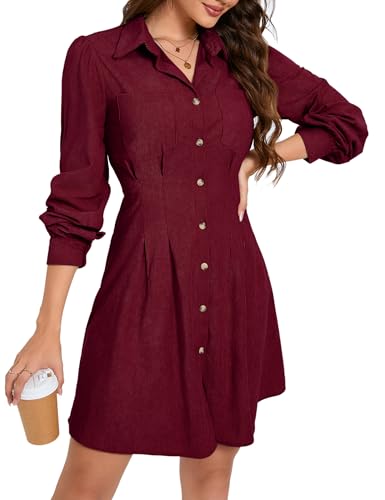 KOJOOIN Blusenkleid Damen Langarm Corduroy Hemdkleid A-Linien Tunika Kleid Minilänge Cordkleid mit Tasche und Knopfleiste Weinrot XL KOJOOIN Blusenkleid Damen Langarm Corduroy Hemdkleid A-Linien Tunika Kleid Minilänge Cordkleid mit Tasche und Knopfleiste Weinrot XL von KOJOOIN