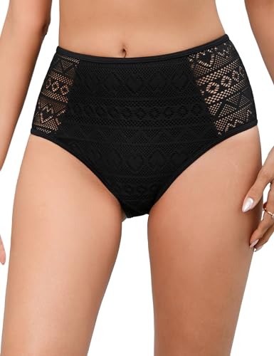 KOJOOIN Damen Bikinihose Schwarz Hohe Taille Spitze Bauchweg Badehose Klassisch Retro Strandhose von KOJOOIN