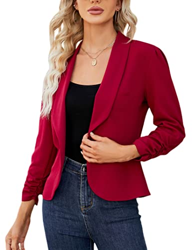 KOJOOIN Damen Blazer 3/4 Arm Jacke Business Revers Blazer Sakko mit Faltigen Ärmeln Slim Fit Blazerjacke Elegant Einfarbig Outwear Geschäft Büro Bolero Jacke (Verpackung MEHRWEG), A-Weinrot, XL von KOJOOIN