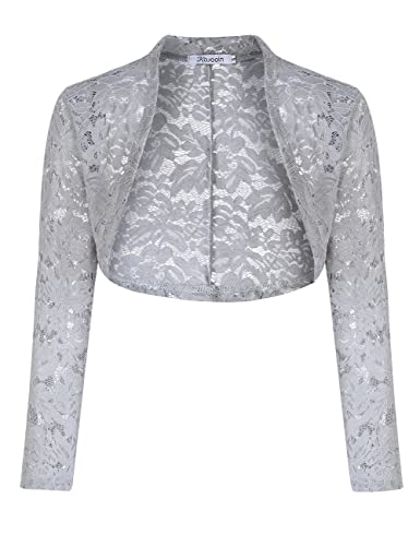 KOJOOIN Damen Bolero Spitzen Jacke Festlich Kurz Cardigan Langarm Strickjacke für Hochzeit Cocktailkleid Grau2 L von KOJOOIN