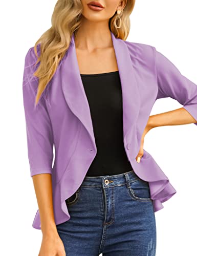 KOJOOIN Damen Casual Blazer 3/4 Ärmel vorne offen Rüschen Arbeit Büro Anzug Jacke, Violett, S von KOJOOIN