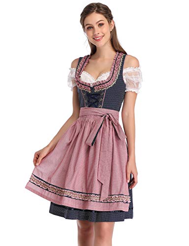 KOJOOIN Trachtenkleid Damen Dirndl Kurz mit Stickerei Exklusives Designer für Oktoberfest - DREI Teilig: Kleid, Bluse, Schürze Dunkelblau 34 von KOJOOIN