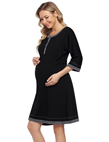KOJOOIN Damen Geburt Stillnachthemd Baumwolle Umstandsnachthemd mit Knopfleiste,U Ausschnitt Nachthemd Schlafanzug für Schwangere oder Stillende Frauen Schwarz(Langarm) XL von KOJOOIN