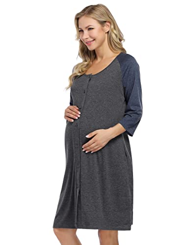 KOJOOIN Damen Geburt Stillnachthemd Langarm Nachthemd Schlafanzug Schwangerschaft Pyjama Nachtwäsche mit Durchgehender Knopfleiste Dunkelgrau C (Langarm) XL von KOJOOIN