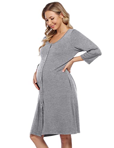 KOJOOIN Damen Geburt Stillnachthemd Langarm Nachthemd Schlafanzug Schwangerschaft Pyjama Nachtwäsche mit Durchgehender Knopfleiste Hellgrau A (Langarm) XL von KOJOOIN