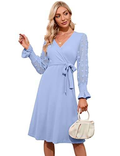 KOJOOIN Damen Kleid Strickkleider Pulloverkleid Elegant A-Line Tunika V-Ausschnitt Langarm Midikleid mit Gürtel（Verpackung MEHRWEG）,Hellblau,L von KOJOOIN