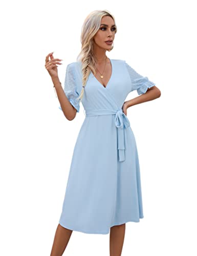 KOJOOIN Sommerkleid Damen V-Ausschnitt Kurzarm Kleider Casual Midikleid A-Linie Wickelkleid Hochzeit Festlich mit Gürtel Hellblau L （Verpackung MEHRWEG） von KOJOOIN