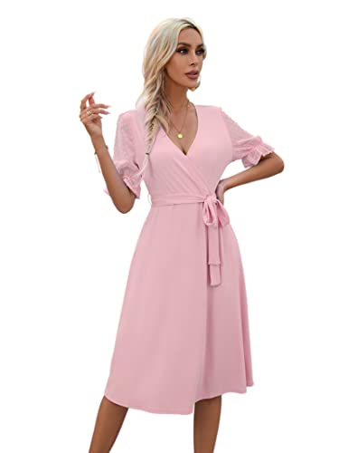 KOJOOIN Sommerkleid Damen V-Ausschnitt Kurzarm Kleider Casual Midikleid A-Linie Wickelkleid Hochzeit Festlich mit Gürtel Rosa L （Verpackung MEHRWEG） von KOJOOIN