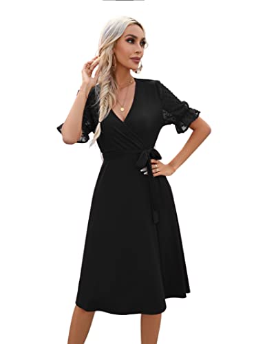 KOJOOIN Sommerkleid Damen V-Ausschnitt Kurzarm Kleider Casual Midikleid A-Linie Wickelkleid Hochzeit Festlich mit Gürtel Schwarz L （Verpackung MEHRWEG） von KOJOOIN