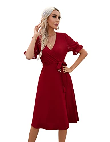 KOJOOIN Sommerkleid Damen V-Ausschnitt Kurzarm Kleider Casual Midikleid A-Linie Wickelkleid Hochzeit Festlich mit Gürtel Winerot S （Verpackung MEHRWEG） von KOJOOIN