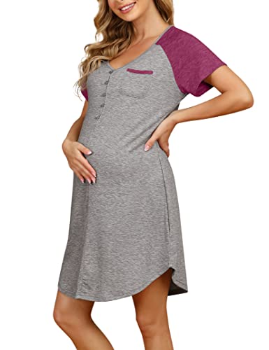 KOJOOIN Damen Nachthemd mit Knopfleiste, Sitllnachthemd Baumwolle Umstandskleid V Ausschnitt Schlafanzug für Schwangere Hellgrau B(Kurzarm) XL von KOJOOIN