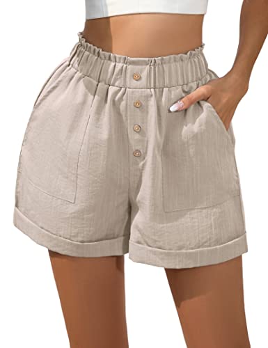 KOJOOIN Damen Shorts mit Taschen Knopfleisten High Waist Locker Kurze Hose Breites Bein Einfarbig Shorts mit Elastischer Taille (Verpackung MEHRWEG), A-Khaki, XL von KOJOOIN