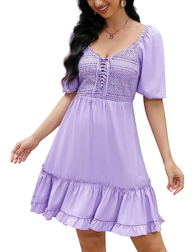 KOJOOIN Damen Sommerkleid Kurzarm Freizeitkleid eckigem Ausschnitt Einfarbig Kurz Kleid Spitzen Streifen Kleid mit Rüschen Hohe Taille Casual Minikleid (Verpackung MEHRWEG), Violett, XXL von KOJOOIN