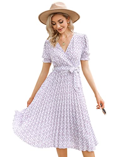 KOJOOIN Damen Sommerkleid V Ausschnitt Tunika Midikleid Plissiert Wickelkleid Kurzärm Casual Kleid A-Linie Freizeitkleid mit Gürtel, Lila Blüten, XXL KOJOOIN Damen Sommerkleid V Ausschnitt Tunika Midikleid Plissiert Wickelkleid Kurzärm Casual Kleid A-Linie Freizeitkleid mit Gürtel, Lila Blüten, XXL von KOJOOIN