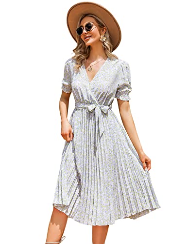 KOJOOIN Damen Sommerkleid V Ausschnitt Tunika Midikleid Plissiert Wickelkleid Kurzärm Casual Kleid A-Linie Freizeitkleid mit Gürtel, Lila Blume-1, S KOJOOIN Damen Sommerkleid V Ausschnitt Tunika Midikleid Plissiert Wickelkleid Kurzärm Casual Kleid A-Linie Freizeitkleid mit Gürtel, Lila Blume-1, S von KOJOOIN