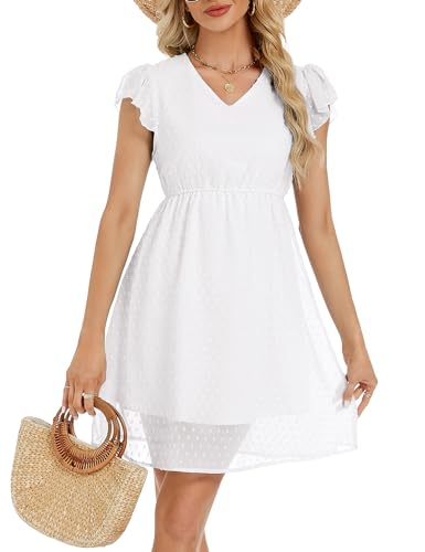 KOJOOIN Damen Sommerkleider Rüschen Ärmel V-Ausschnitt Kleid Casual Swing Elastische Taille Knielang Strandkleid Weiß S von KOJOOIN