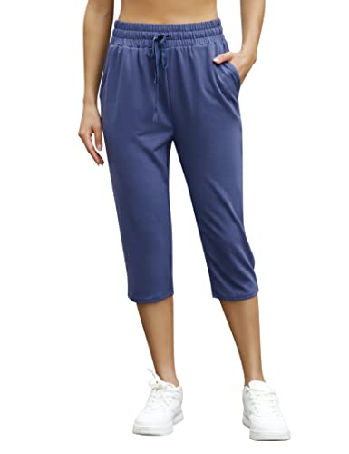 KOJOOIN Damen Sporthosen 3/4 Jogginghose Baumwolle Freizeithose Loose Fit Trainingshose mit Taschen und Kordelzug, für Jogging Laufen Fitness Hohe Taile Sweathose A-Himmelblau L von KOJOOIN