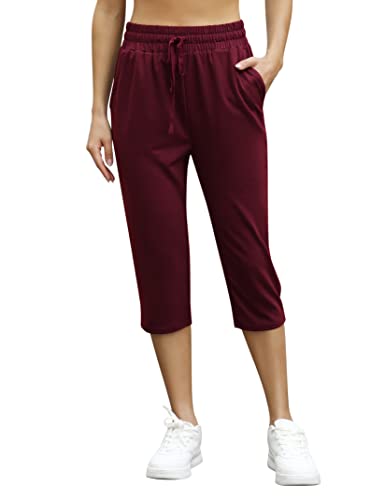 KOJOOIN Damen Sporthosen 3/4 Jogginghose Baumwolle Freizeithose Loose Fit Trainingshose mit Taschen und Kordelzug, für Jogging Laufen Fitness Hohe Taile Sweathose A-Weinrot M von KOJOOIN