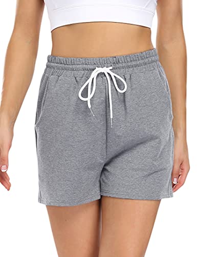 KOJOOIN Kurze Hose Damen Shorts Sommer Kurze Sporthose Baumwolle Jogginghose Loose Fit Sweathose mit Taschen,für Jogging Yoga Fitness Freizeithose A-Grau XL von KOJOOIN