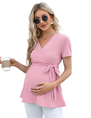 KOJOOIN Damen Stillshirt Schwangerschaftsshirt V-Ausschnitt Umstandsshirt Kurzarm Nursing Tops mit Gürtel Rosa(Kurzarm) XXL von KOJOOIN