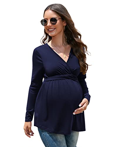 KOJOOIN Damen Stillshirt V-Ausschnitt Schwangerschaftsshirt Umstandsshirt Langarm Nursing Tops mit Gürtel DunKelblau(Langarm) XXL von KOJOOIN