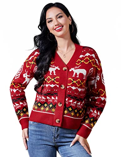 KOJOOIN Damen Strickjacke Kurz Weihnachten Cardigan V-Ausschnitt Langarm Christmas Pullover (Verpackung MEHRWEG) Rehkitz-Rot,XL von KOJOOIN