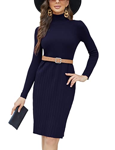 KOJOOIN Damen Strickkleid Pulloverkleid Rollkragen Midikleid Langarm Tunika Kleid Strickpullover Pullikleid Elegant Freizeitkleid (Verpackung MEHRWEG), A-Dunkelblau, S von KOJOOIN