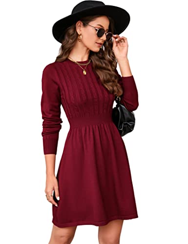 KOJOOIN Damen Strickkleid Pulloverkleid Zopfmuster Langarm Tunika Kleid Strickpullover Minikleid Rundhals Pullikleid Elegant A Linien Freizeitkleid (Verpackung MEHRWEG), A-Weinrot, S von KOJOOIN