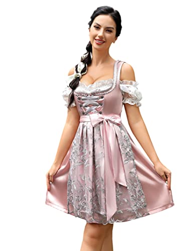 KOJOOIN Damen Trachtenkleid Midi Kurz Dirndl 3tlg. für Oktoberfest Drei Teilig: Dirndlkleid,Bluse,Schürze Rosa 36 von KOJOOIN